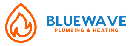 Bluewave Plumbing & Heating logo with an orange flame inside a droplet icon on the left and blue and orange text on the right.