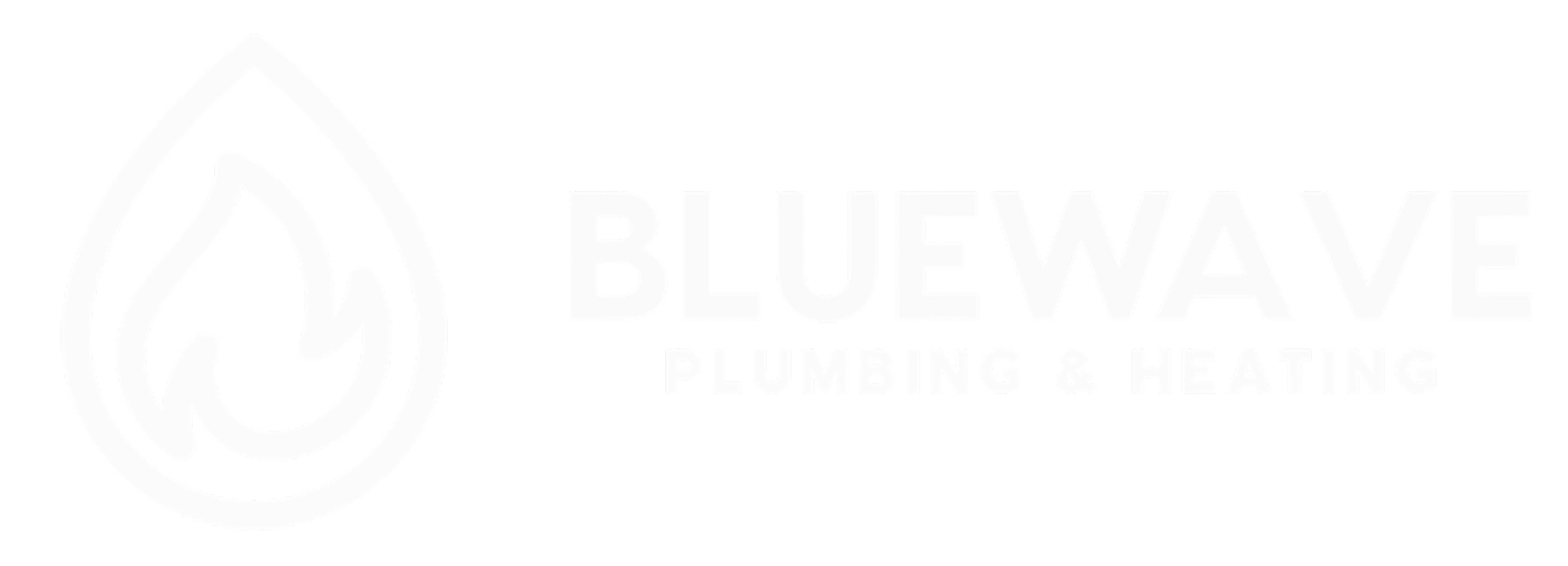 Bluewave Plumbing & Heating logo featuring a water droplet outline with a flame inside, next to the company name in bold text.