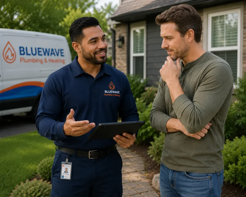 A plumber in a BLUEWAVE uniform shows a tablet to a man outside a house, with a BLUEWAVE Plumbing & Heating van in the background.