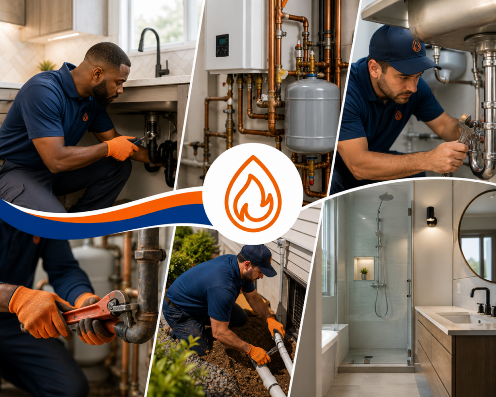Collage of plumbers working on pipes indoors and outdoors, a modern bathroom, and plumbing equipment, with a flame logo and orange-and-blue graphic elements.