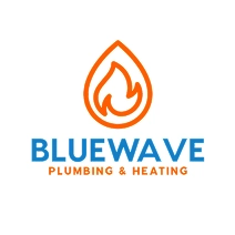 Bluewave Plumbing & Heating logo with an orange flame inside a water droplet above blue and orange company text on a white background.