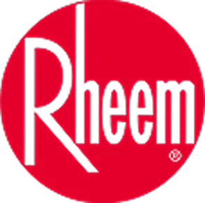 Rheem logo featuring the brand name in white, stylized letters inside a solid red circle.