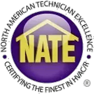 NATE logo with a house roof graphic and the text "North American Technician Excellence: Certifying the Finest in HVACR.